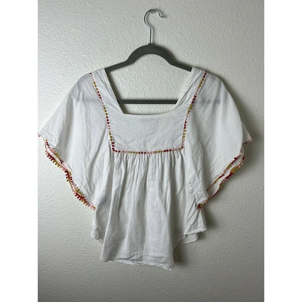 Madewell Pom Pom Butterfly‎ Top H9217 Size XXS Cotton square Neck White